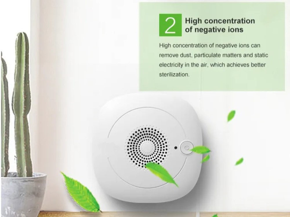 Device feature: 2. High concentration of negative ions can remove dust, particulate matters and static electricity in the air, which achieves better sterilization.