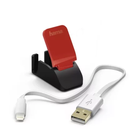 HAMA short Lightning Cable Charging Sync 8" 20cm, white + handle stand, Apple iPhone / iPad / iPod